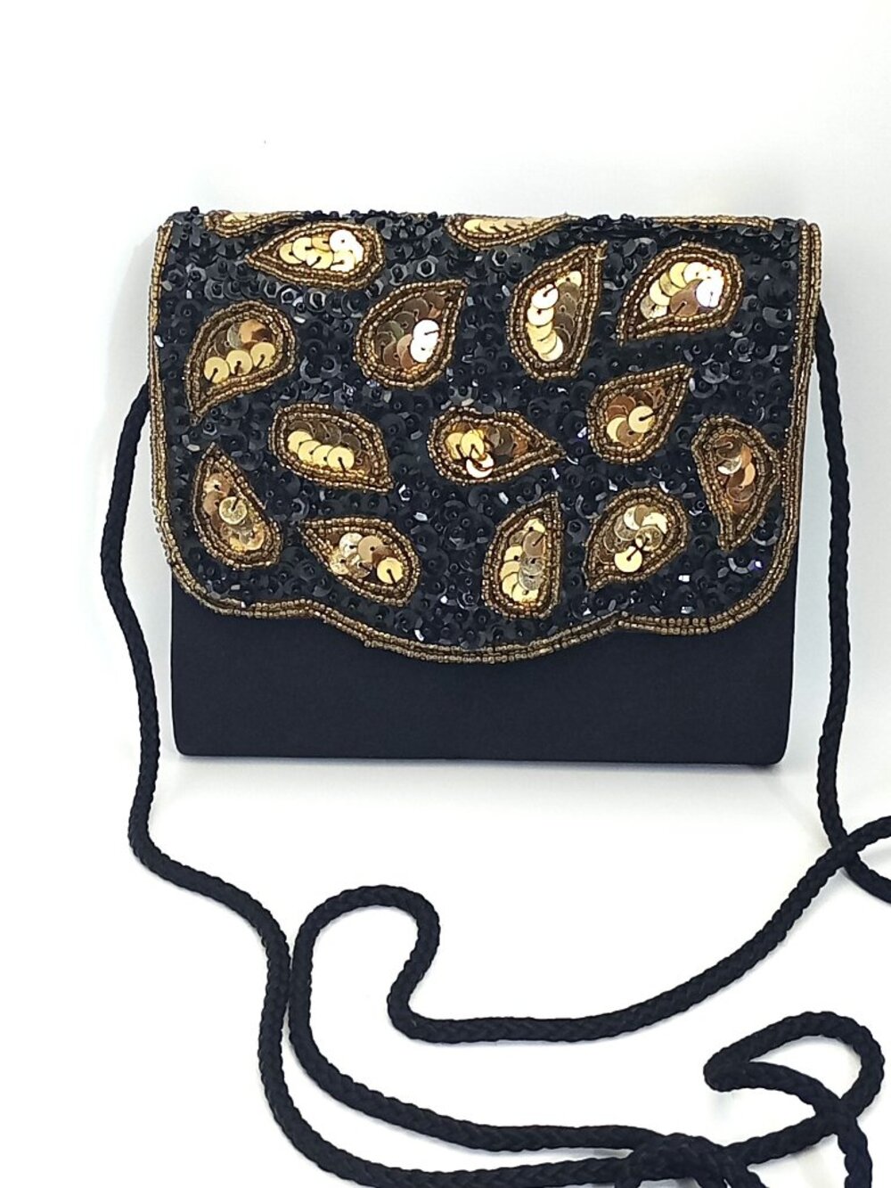 Black Gold Sequin Beaded Paisley Evening Crossbody Purse